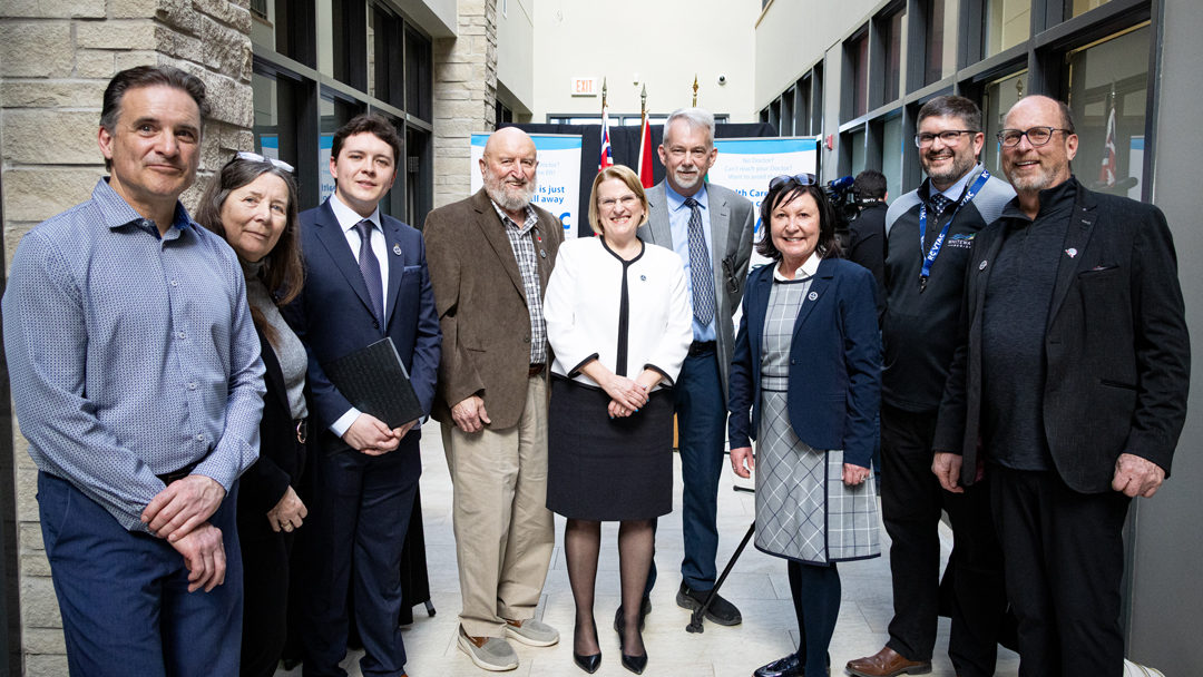 Health Minister Celebrates RC VTAC's Five-Year Milestone 1 Members of County Council,, MPP Denault , and Minister Jones standingin aline