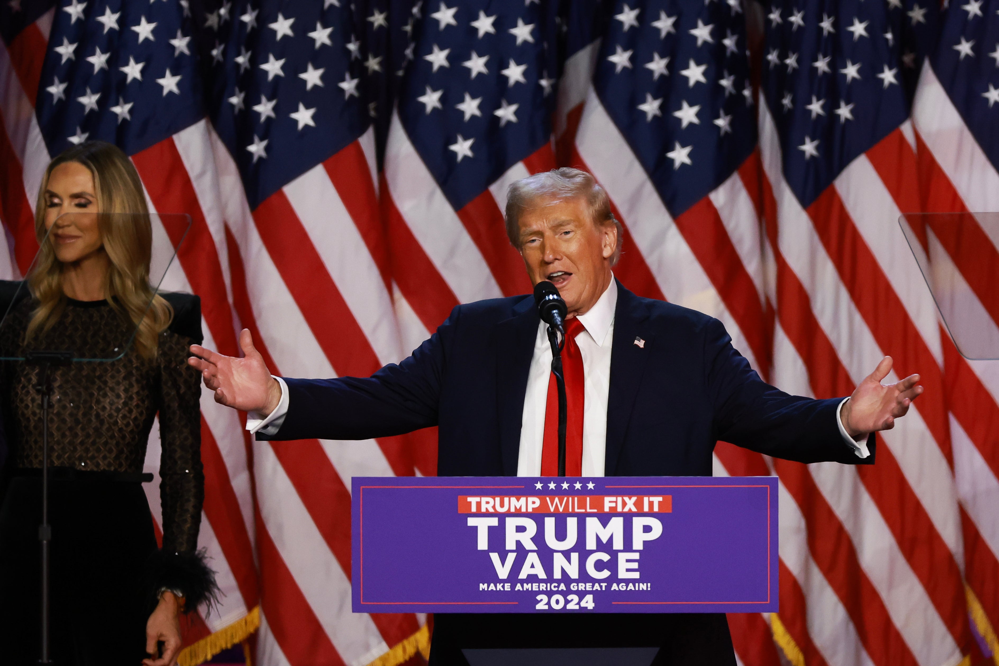 Donald Trump basks in his election night victory at a convention center in West Palm Beach, Florida