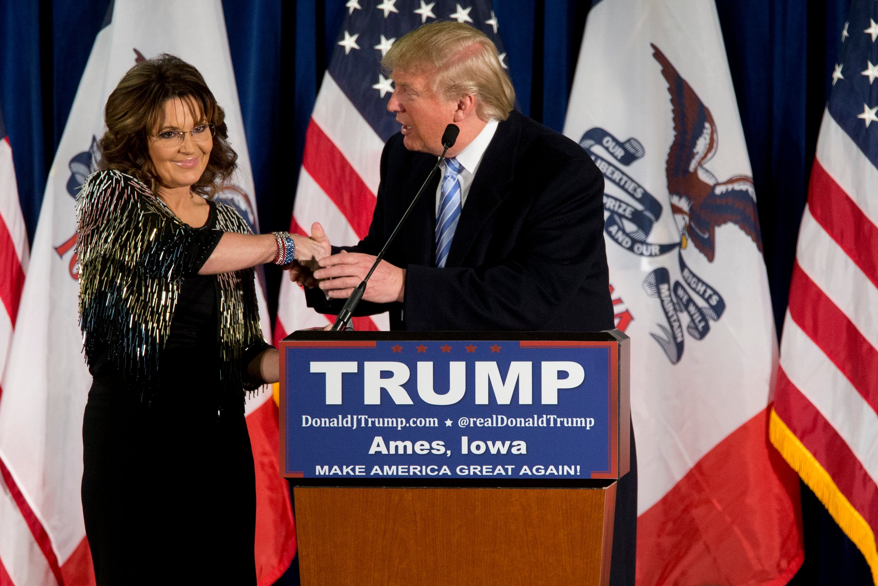 Palin, left, endorsed Trump during a rally at the Iowa State University in January 2016 before his first stint in the White House