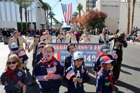 Cub Scouts and Boy Scouts march with the American Legion ‘Paradise’ Post 149 Las Vegas Chap ...