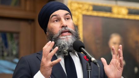 New Democratic Party leader Jagmeet Singh speaks with reporters before Question Period, November 6, 2024 in Ottawa. NDP Leader Jagmeet Singh is expected to announce a tax policy Thursday ahead of the next federal election. (Adrian Wyld / The Canadian Press)