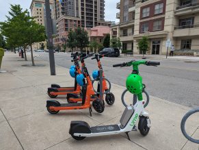 The City's shared e-bikes and e-scooters locked up.