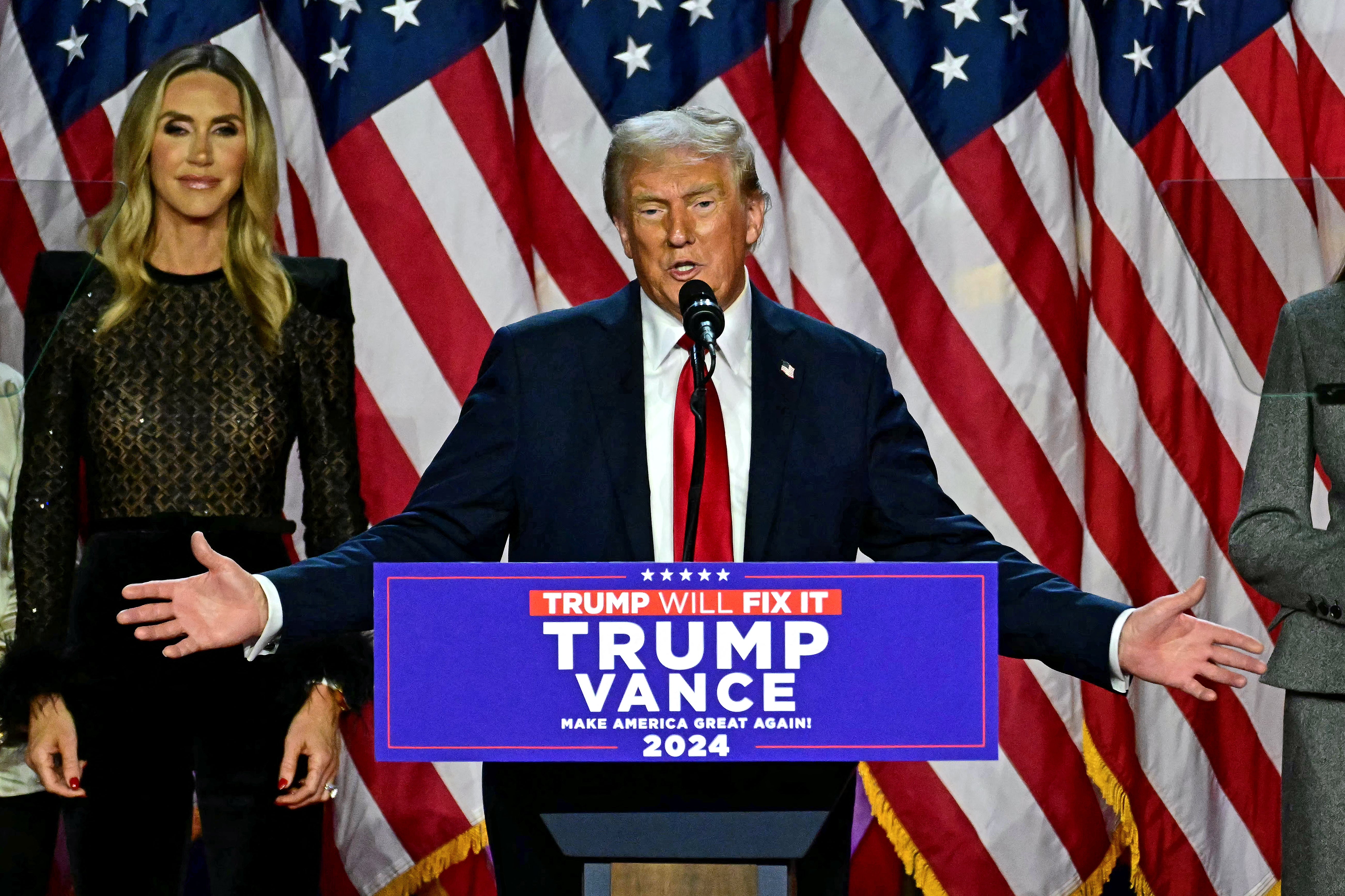 Donald Trump speaks during a victory party on Election night at the West Palm Beach Convention Center in West Palm Beach, Florida