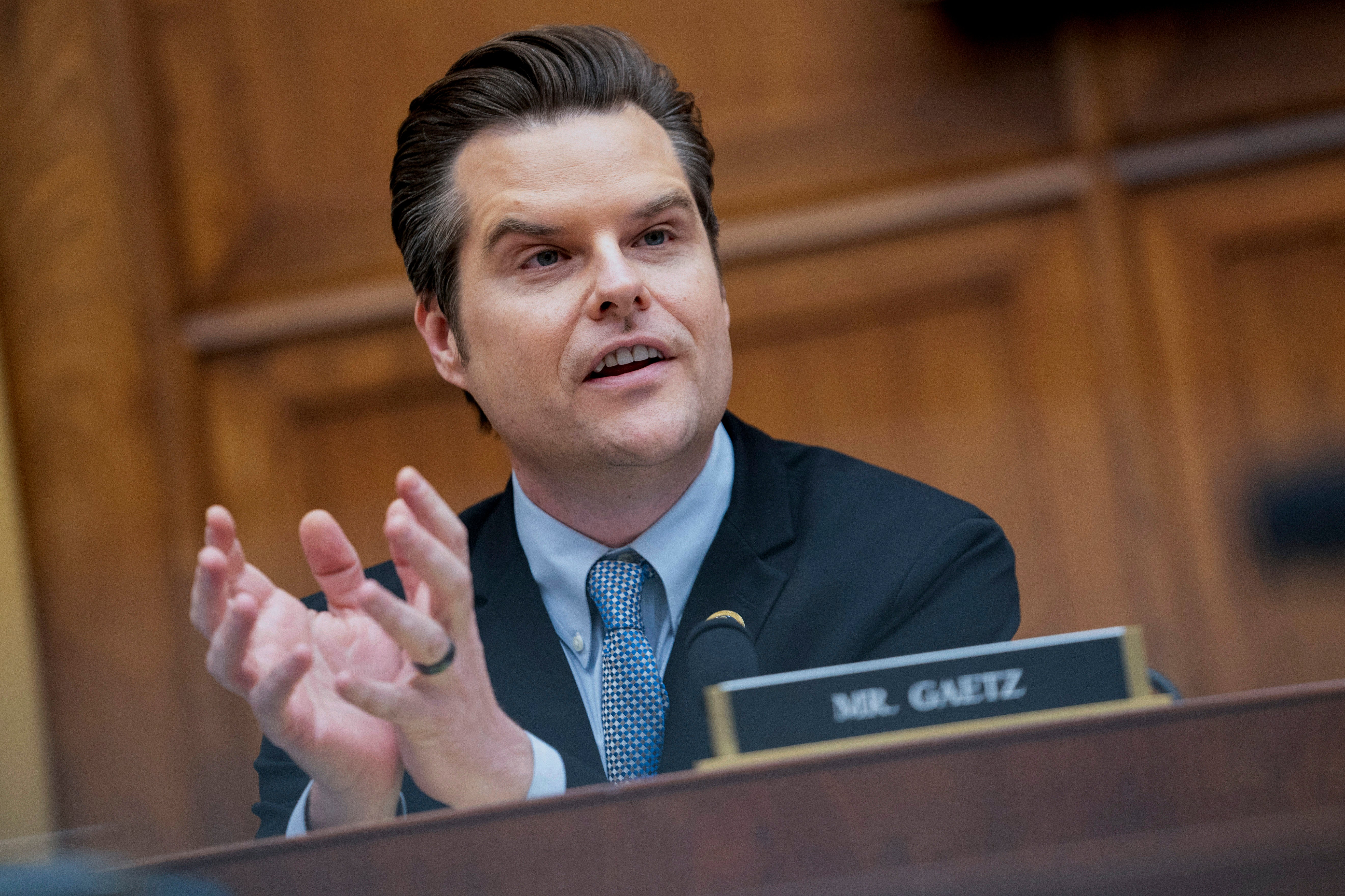 Matt Gaetz speaks on Capitol Hill in Washington on March 12 2024. While some Gaetz allies – including Johnson – say the findings should not be released publicly, many Republicans think it should