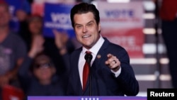 FILE - Then-U.S. Representative Matt Gaetz speaks at Trump campaign rally in Henderson, Nevada, Oct. 31, 2024.