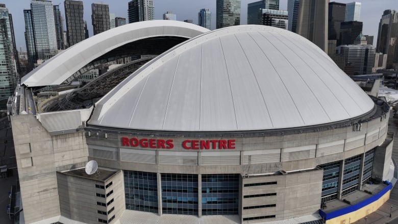 An exterior view of the Rogers Centre in Toronto, as captured by a drone.