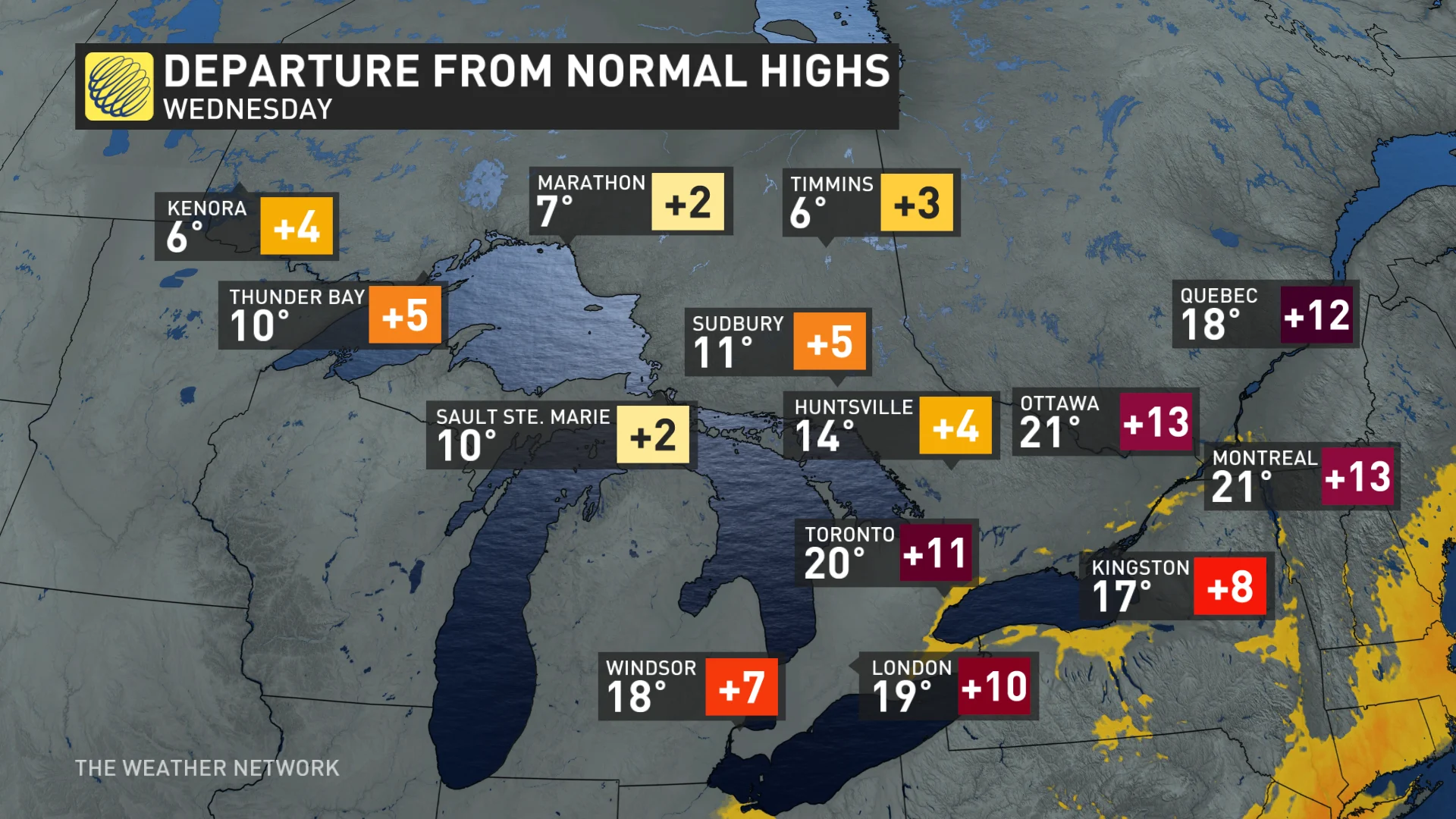 Temperature departure from normal highs Wednesday