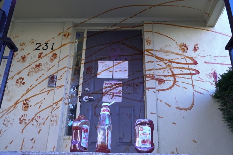 Ketchup bottles could be seen on the front porch of Fragiskatos's office on Tuesday.