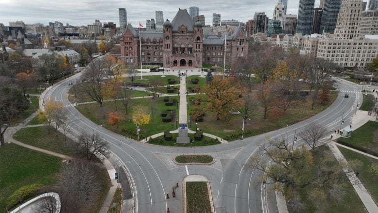 A bird's eye view is shown of Queen's Park in Toronto.