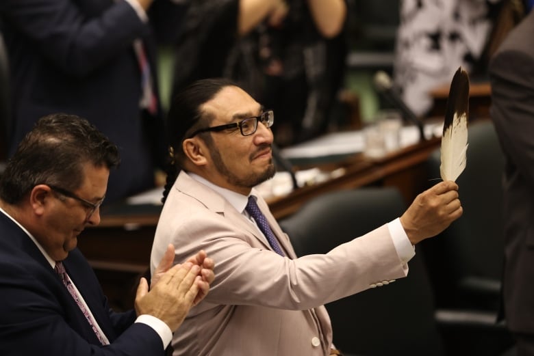 Decades after being punished in a residential school for speaking his own language, First Nation MPP Sol Mamakwa rises during question period at Queen’s Park to ask a question in Oji-Cree.