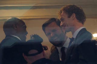 US Vice President-elect JD Vance and Daniel Penny, a former US Marine who was found not guilty of criminally negligent homicide in the 2023 chokehold death of a man on a New York City subway train, react at the Army-Navy football game in Landover, Maryland