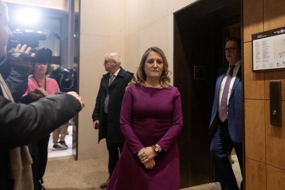 Chrystia Freeland, who today stepped down as finance minister and deputy prime minister, arrives for a national caucus meeting, in Ottawa, Monday, Dec. 16, 2024. THE CANADIAN PRESS/Spencer Colby