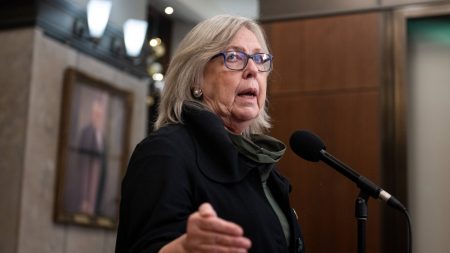 Green Party Leader Elizabeth May speaks in the Foyer of the House of Commons on Parliament Hill in Ottawa, Dec. 12, 2024. THE CANADIAN PRESS/Spencer Colby