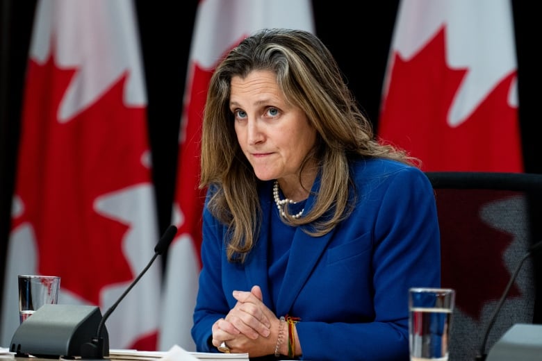 Minister of Finance and Deputy Prime Minister Chrystia Freeland listens to a question from a reporter (not seen) during a press conference at the National Press Theatre in Ottawa, Tuesday, Dec. 3, 2024.