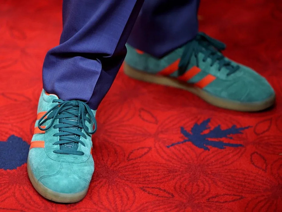  A view of former prime minister Justin Trudeau’s Adidas shoes as he arrives ahead of the Speech from the Throne by King Charles on May 27, 2025, in Ottawa.