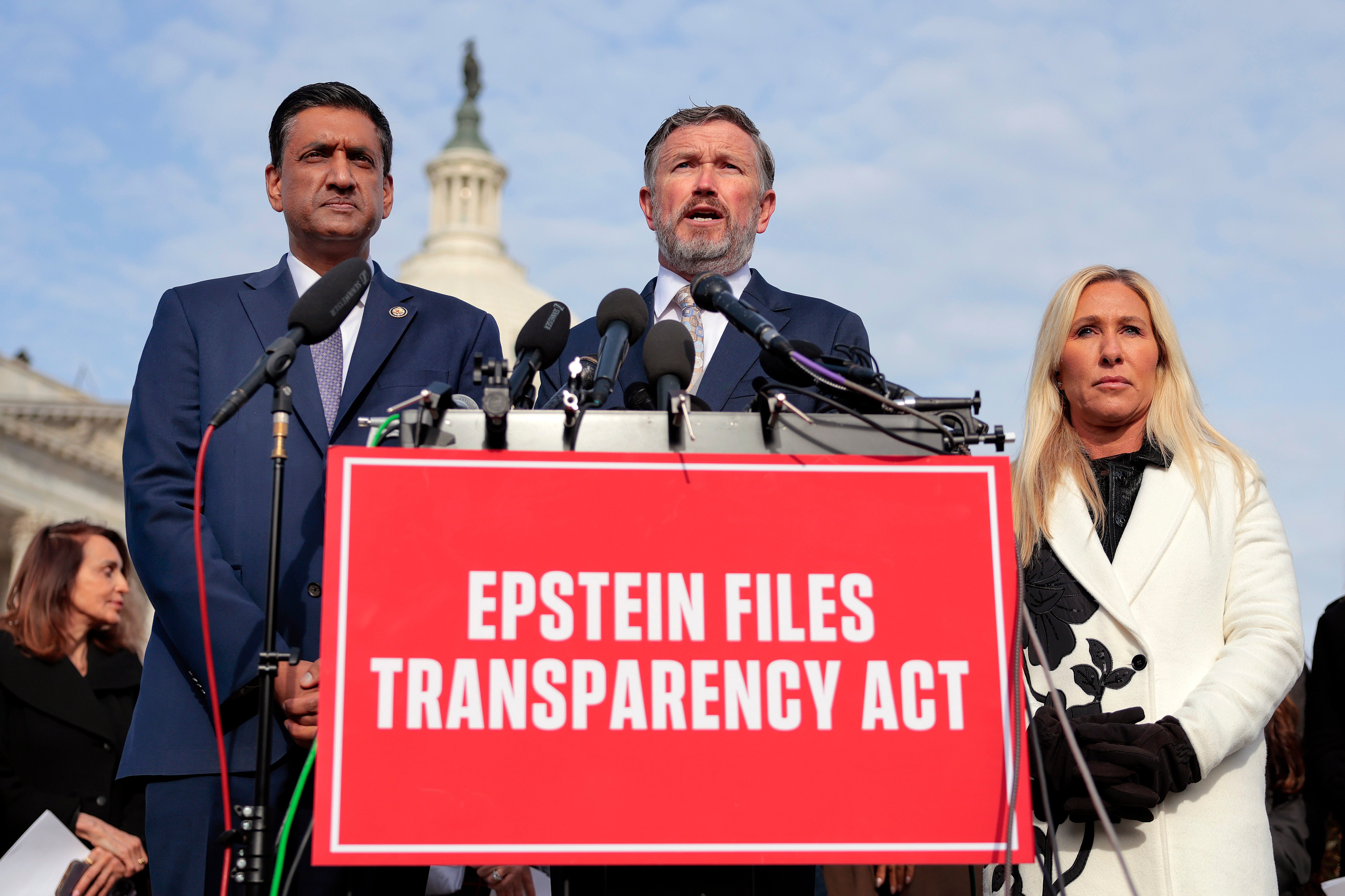 Greene with Representatives Thomas Massie (R-Ky.), center, and Ro Khanna (D-Calif.), left, during a news conference on the Epstein Files Transparency Act outside the U.S. Capitol