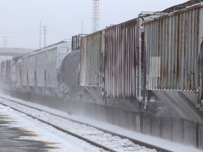A freight train rolls through Kingston on CN Rail tracks also used by Via Rail passenger trains in Kingston, Ont. on Monday, Jan. 19, 2026. (Photo by Elliot Ferguson/The Whig-Standard/Postmedia Network)