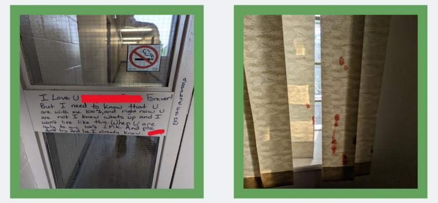 Two photos side-by-side. One shows a message written on a door in permanent marker. The other is red splotches on some blinds.