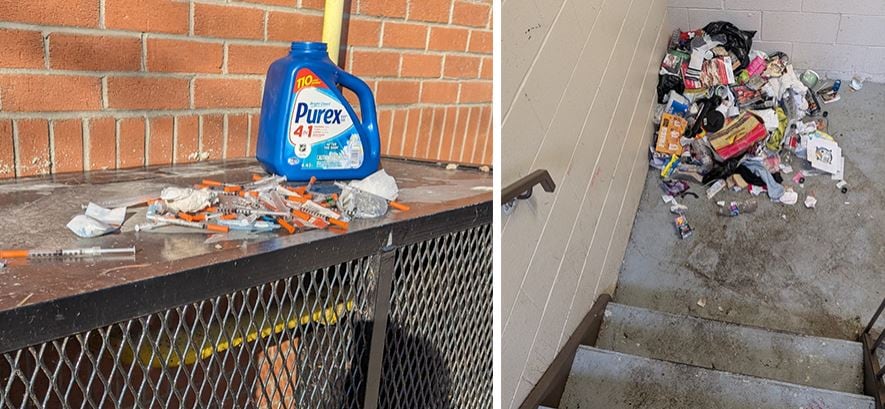 Two photos side-by-side. One shows a pile of used syringes next to a can of laundry detergent. The other is a pile of garbage in a stairwell.