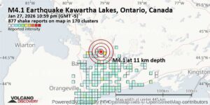 Moderate Mag. 4.1 Earthquake – Kawartha Lakes, 104 km North of Toronto, Ontario, Canada, on Tuesday, Jan 27, 2026, at 10:59 pm (GMT -5)