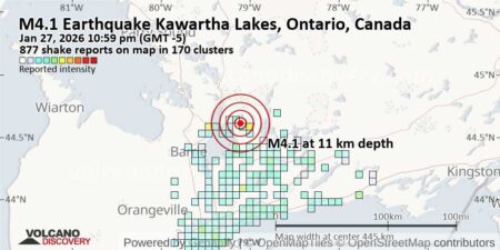 Moderate Mag. 4.1 Earthquake – Kawartha Lakes, 104 km North of Toronto, Ontario, Canada, on Tuesday, Jan 27, 2026, at 10:59 pm (GMT -5)