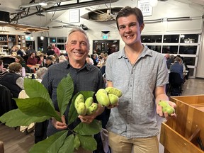 Two men holding pawpaw fruit