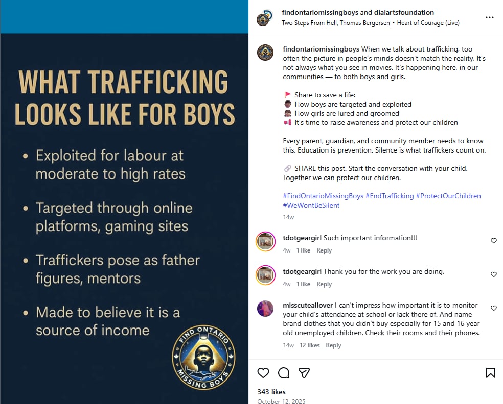 The Instagram page Find Ontario Missing Boys shares information about human trafficking. 