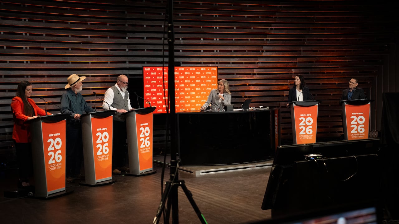 From left to right, Tanille Johnston, Tony Mc Quail, Rob Ashton, Heather Mc Pherson and Avi Lewis during the final NDP leadership debate