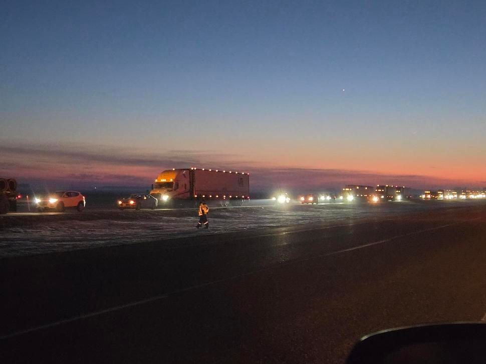 Eastbound traffic is backed up along the Trans-Canada Highway near the Oakville junction Thursday evening following a semi-truck fire. Portage Online/Brittany Boschman