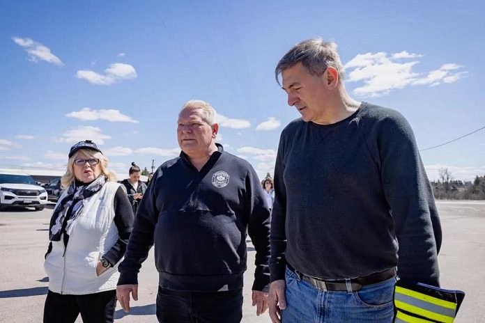 Ontario premier Doug Ford, flanked by Peterborough County warden Bonnie Clark and Peterborough-Kawartha MPP David Smith, visited Peterborough County on April 13, 2025 along with emergency preparedness and response minister Jill Dunlop to discuss the county's response to the ice storm and its financial impacts. (Photo: Office of MPP Dave Smith)