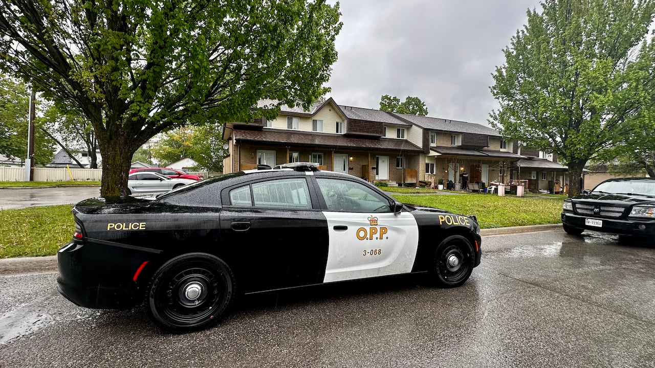 A police cruiser is parked in front of a house on a rainy day.