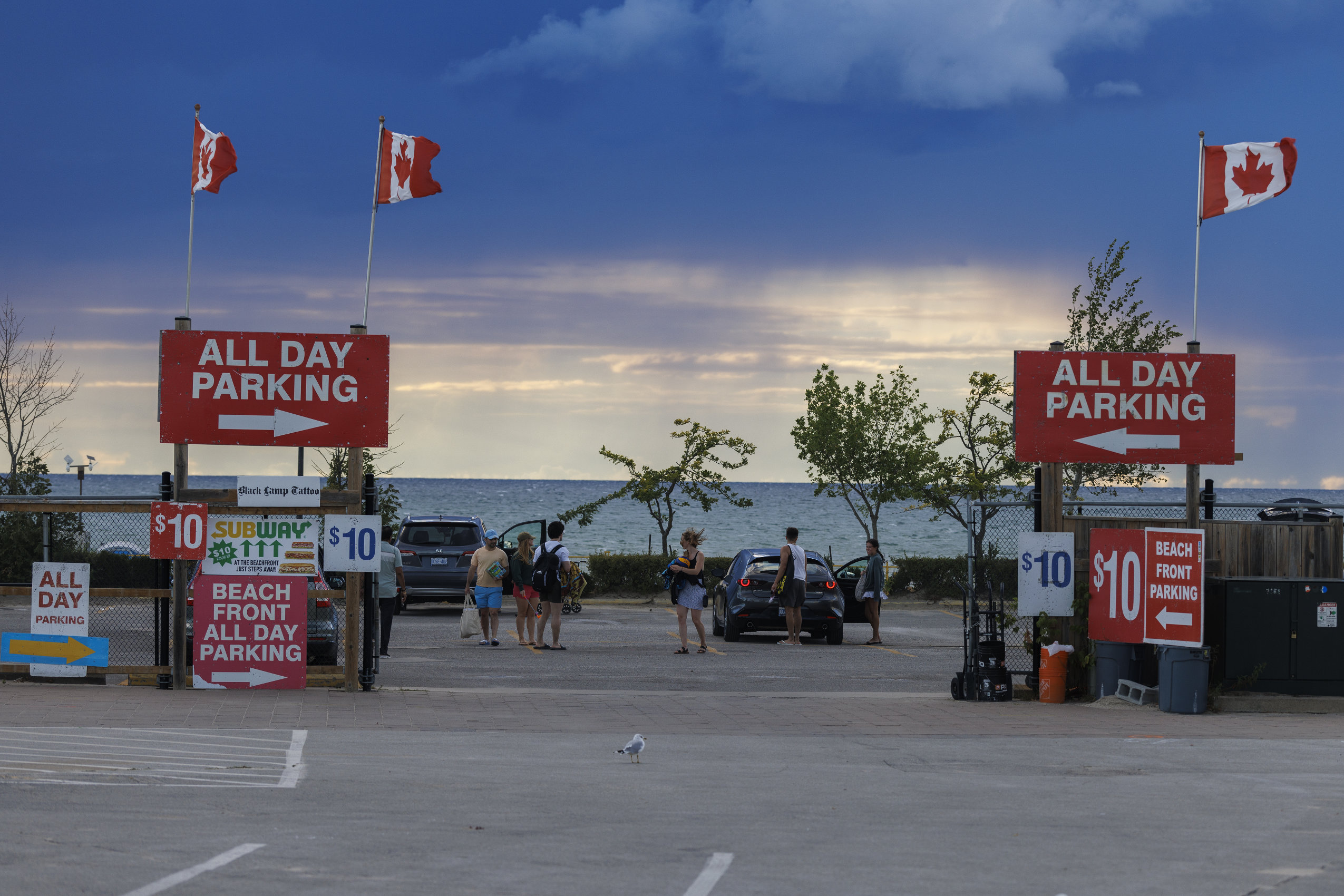 Red signs advertise a parking lot beside Wasaga Beach. The price is $10.
