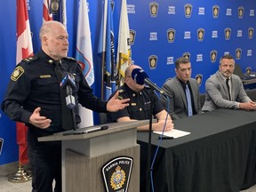 Deputy Sarnia Police Chief Ron Hansen speaks at the Sarnia police station April 28, 2026. (Tyler Kula/ The Observer)