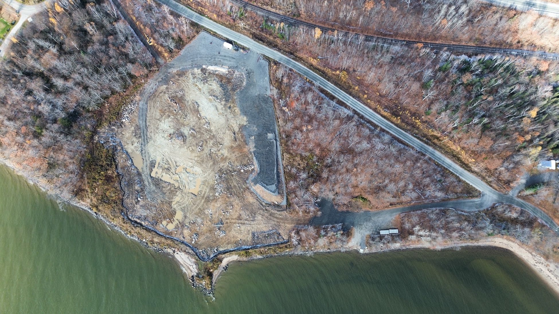 An aeriel view of the excavated site of the former Nova Beaucage mine mill site on the shore of Lake Nipissing 