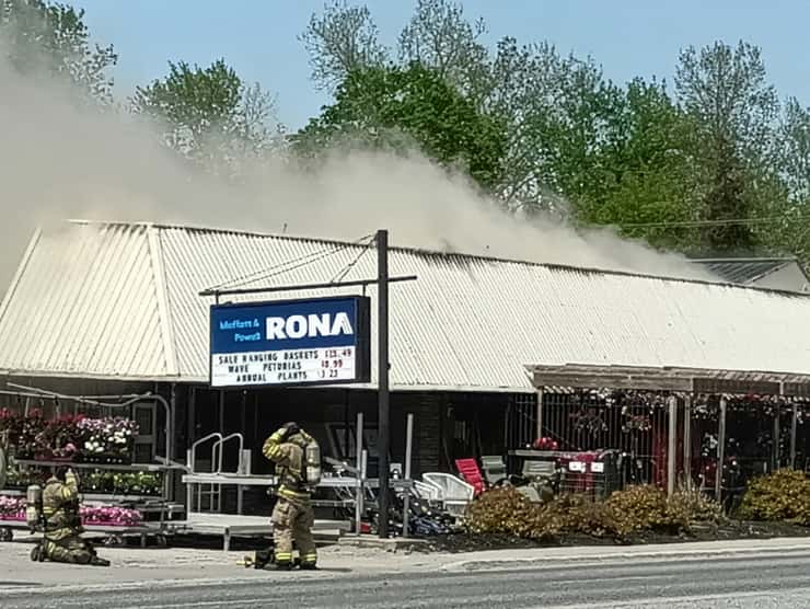 Firefighters on the scene of a hardware store fire in Grand Bend, May 22, 2026. Photo courtesy Arthur Travis.