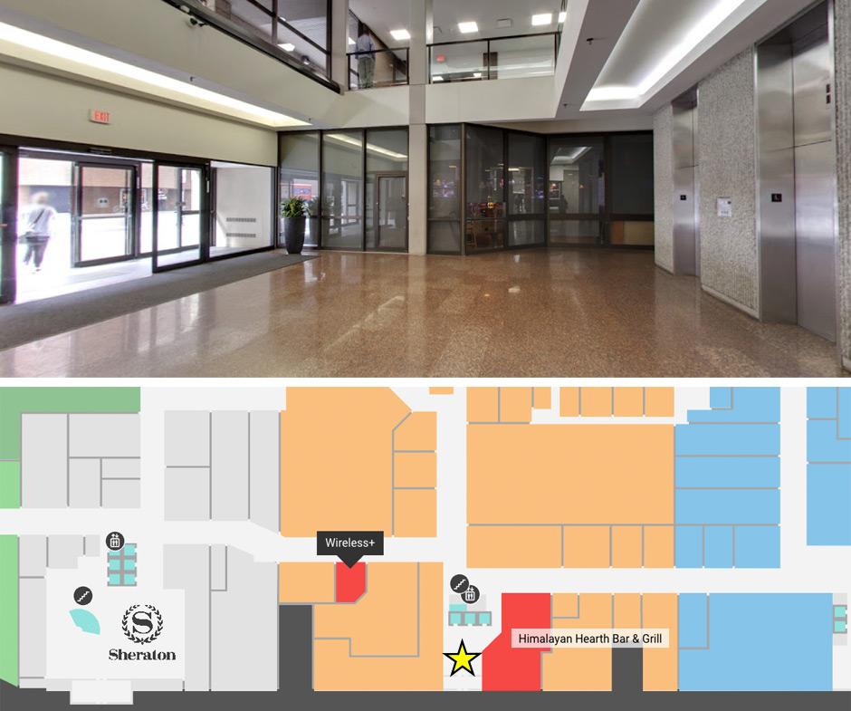At top, a wide-angle photo of entrance of a bland modernist office building and less-than-vibrant shopping centre showing approximately ten meters between automatic sliding doors and bank of elevators. Below is part of map detailing layout with star marking location shown above.
