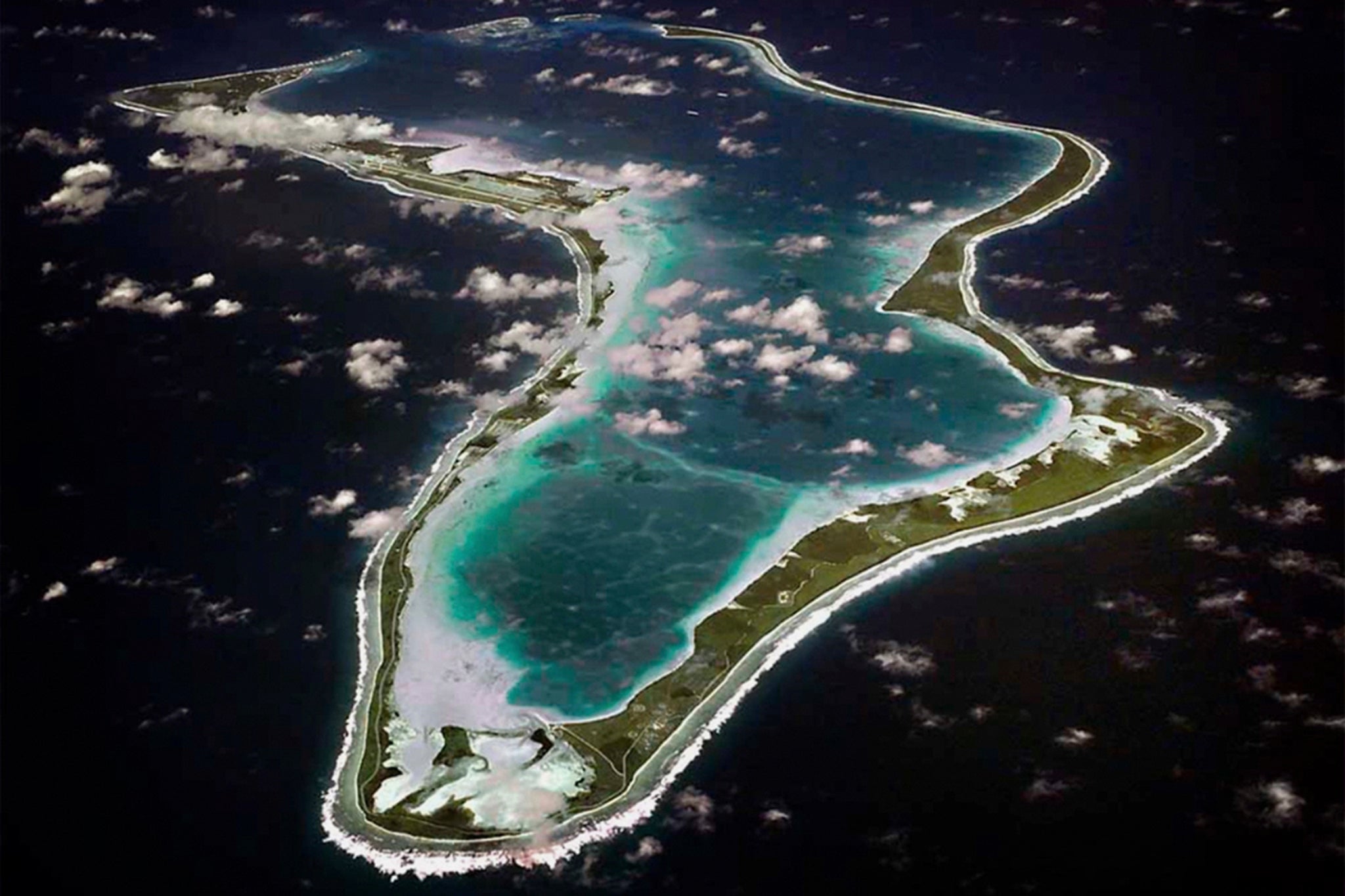 An aerial view of the Chagos Islands including Diego Garcia base