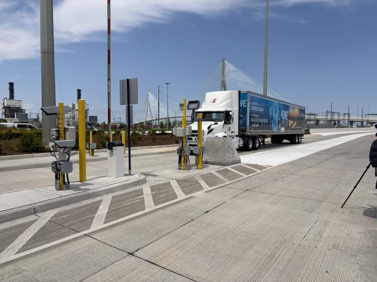 The " ceremonial first truck" approaches the Windsor port of entry at the Gordie Howe International Bridge, July 24, 2026. Photo by Maureen Revait.