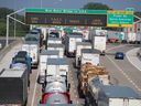 Traffic is shown backed up on westbound Highway 402 in Sarnia in this 2021 file photo.(File photo/The Observer)