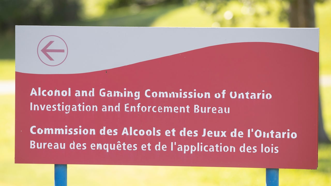 An Alcohol and Gaming Commission of Ontario Investigation and Enforcement Bureau sign is shown in Gananoque, Ont., on Friday, July 30, 2021. THE CANADIAN PRESS/Lars Hagberg