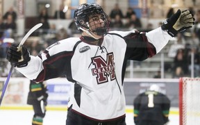 Chatham Maroons' Santiago Jimenes (97) celebrates a third-period goal by Xandre Aitken against the St. Thomas Stars at Chatham Memorial Arena in Chatham, Ont., on Sunday, March 15, 2026. Mark Malone/Chatham Daily News/Postmedia Network