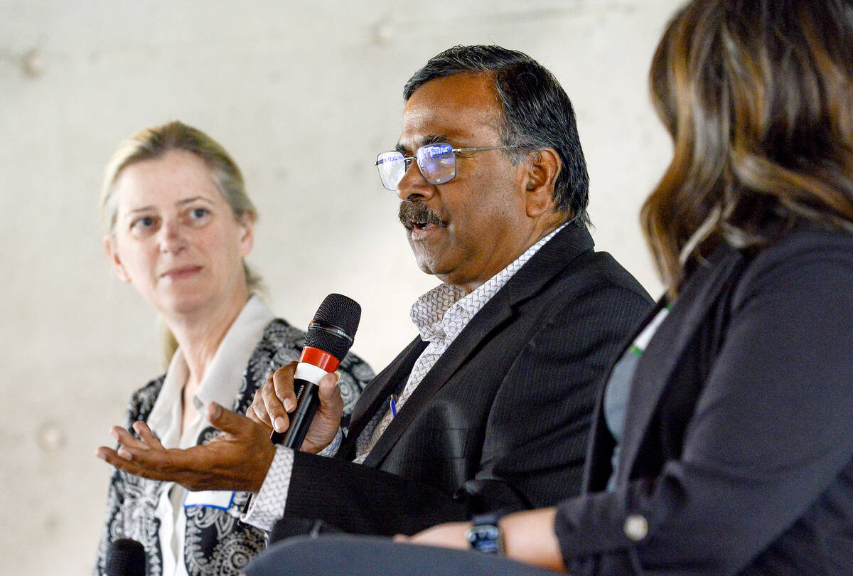 Jay Subramanian, professor in the Ontario Agricultural College Department of Plant Agriculture, flanked by fellow panellists Terri O’Sullivan (left) and Kelsey Spence (right), associate professors in the Ontario Veterinary College Department of Population Medicine discussing key points during the 2026 KTT Symposium at University of Guelph. Photo: Diana Martin