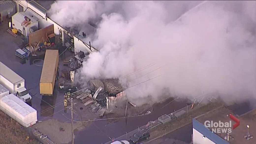 Click to play video: 'Aerial view of large charity thrift store fire in east Edmonton'