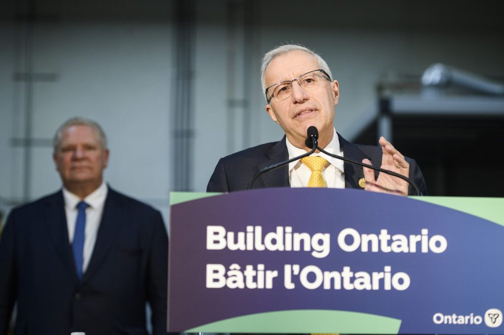 Ontario Minister of Economic Development Vic Fedeli gives remarks during a press conference at a Magna International production facility in Brampton, Ont., on Wednesday, Feb. 15, 2023. THE CANADIAN PRESS/Christopher Katsarov 