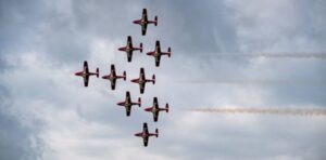 Snowbirds doing flypast of Captain Michael VandenBos Public School in Whitby Snowbirds doing flypast of Captain Michael VandenBos Public School in Whitby