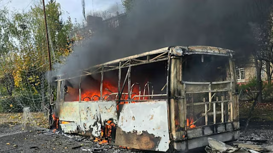 A bus burns following a Russian air strike in the city of Kramatorsk.