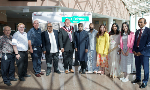 Mayor Frank Scarpitti and Members of Council with A. R. Rahman at Markham Civic Centre.